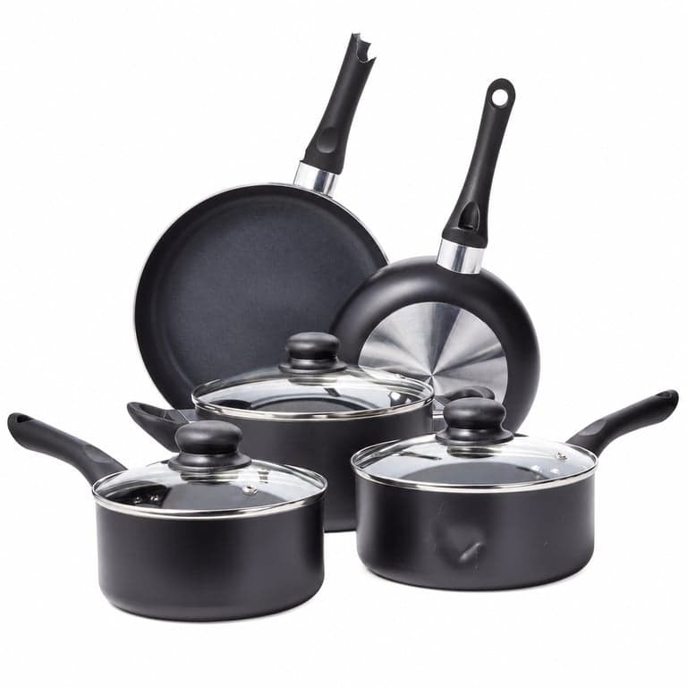 Set de 8 vase Amazon Basics cu înveliș ceramic antiaderent și capace, negru — mâner rupt, lovit și zgâriat (stare: vezi a doua imagine)