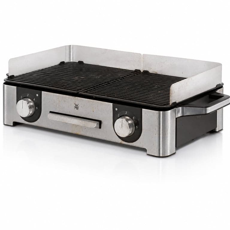 Grătar electric de masă WMF Lono Master 50x28 cm, 2400 W, 2 suprafețe de gătit reglabile individual, cu paravan, tavă pentru grăsime, inox