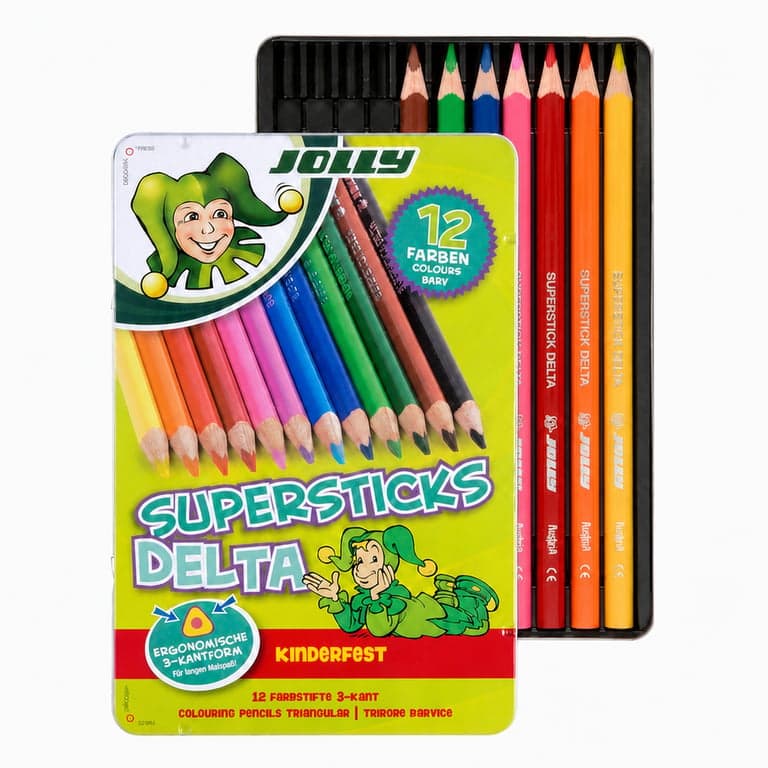 Set creioane colorate triunghiulare JOLLY Supersticks Delta, 10 bucăți, în cutie metalică, rezistente la rupere, sigure pentru copii, non-toxice