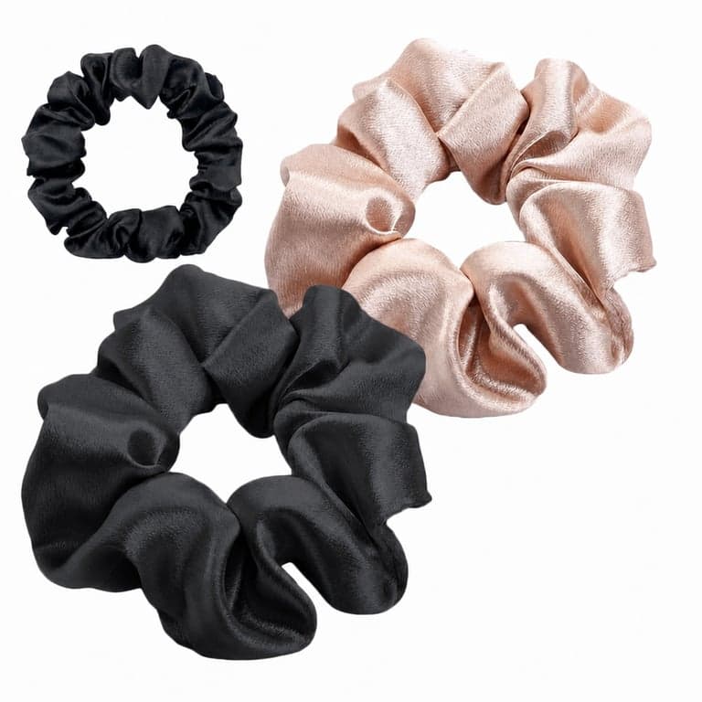 Set elastice de păr din satin JOIYHY, set de 3 bucăți (lipsește 1 bucată mare, neagră) - 2 elastice mici și 1 mare din mătase pentru femei, negru și șampanie