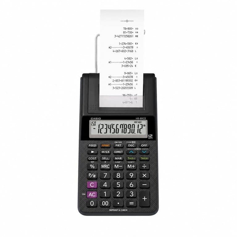 Calculator cu imprimantă Casio HR-8RCE-BK cu afișaj LCD cu 12 cifre, negru — defect, funcționează parțial: butonul AC blocat (stare: vezi a 2-a imagine)