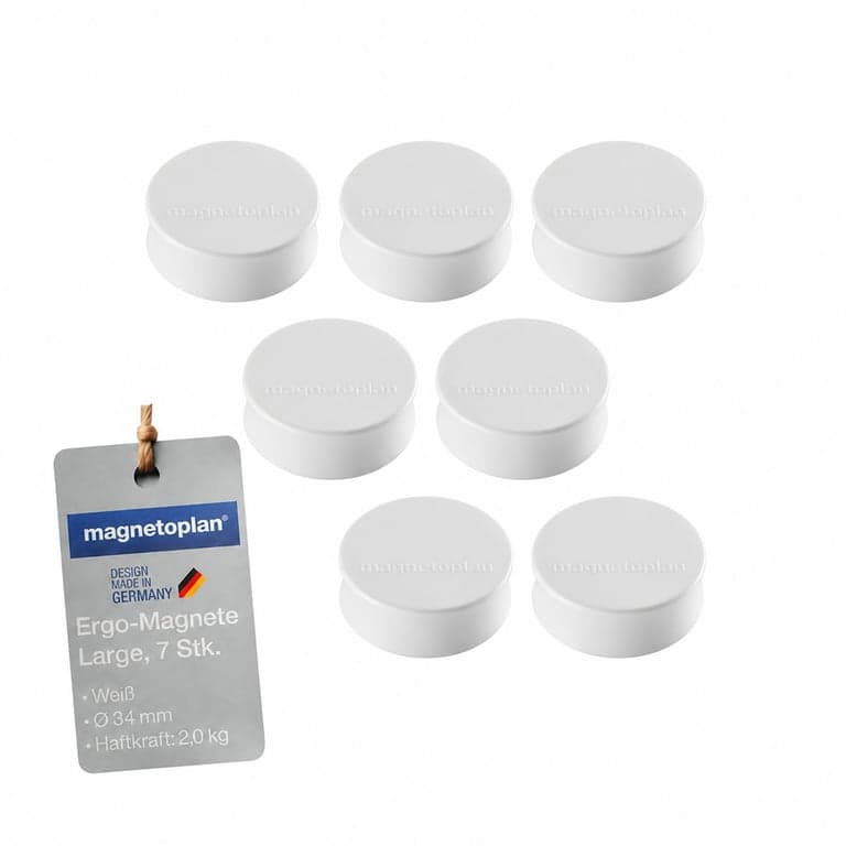 Magneti Ergo-Magnete Large albi magnetoplan, 34 mm diametru, pentru utilizare la birou, pentru table albe și table de sticlă — set de 7 bucăți