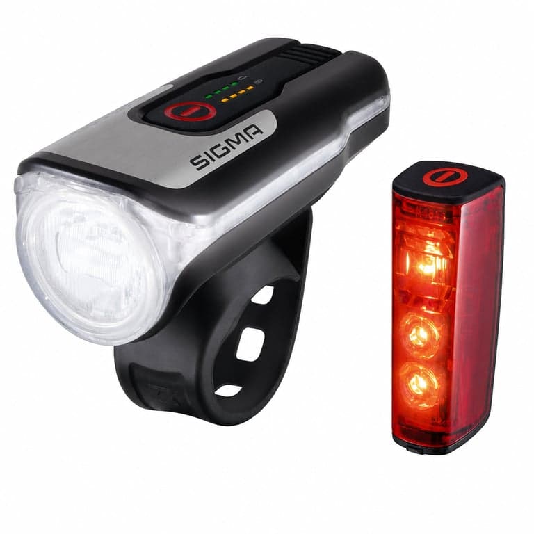Set lumini pentru bicicletă SIGMA Aura 80 + Blaze LED, StVZO — defect, funcționează parțial: sistemul de prindere al lămpii față este rupt (stare: vezi a 2-a fotografie)