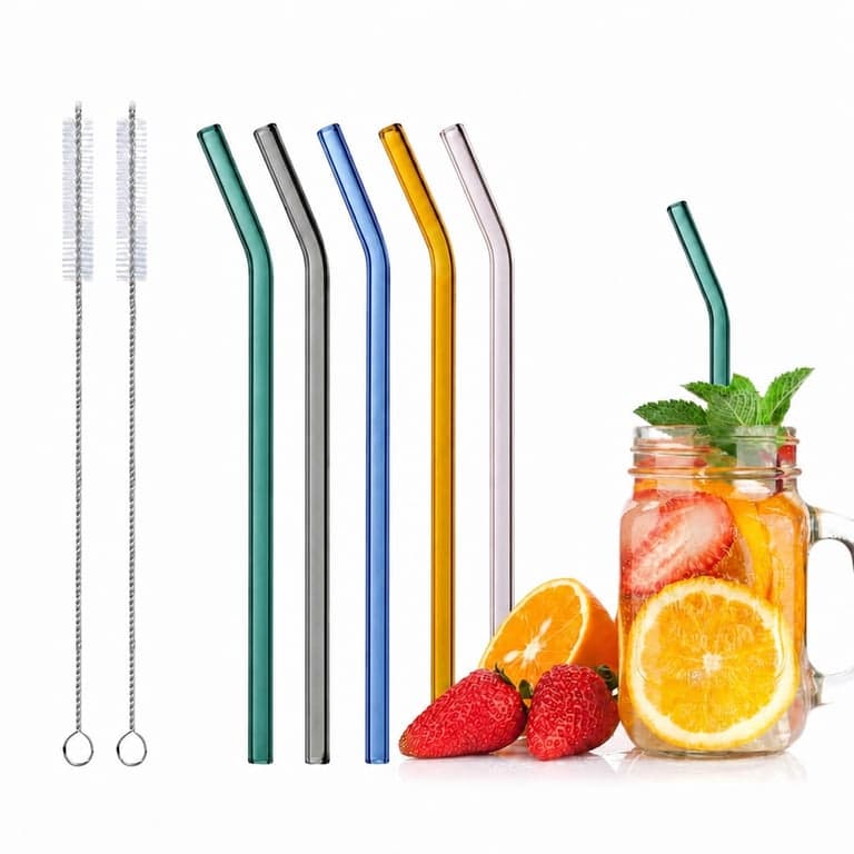 Set de 5 paie reutilizabile din sticlă colorată Realjoy cu 2 perii de curățare, 195x8 mm, curbate, pentru cocktailuri, smoothie-uri și nu numai