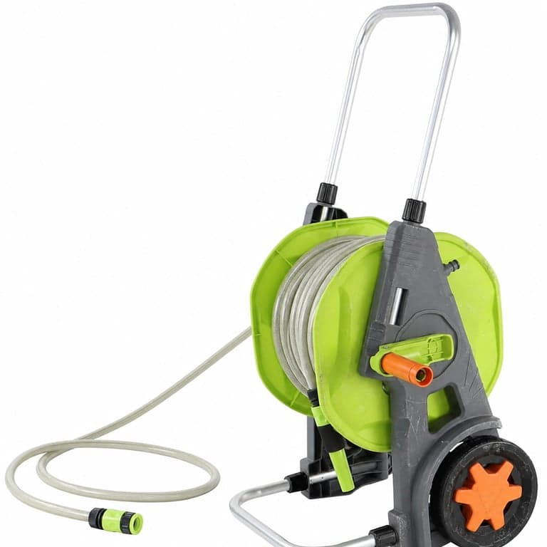 Cărucior pentru furtun Amazon Basics cu roți, furtun de 30 m, verde/gri, pentru irigarea grădinii, vizibil utilizat