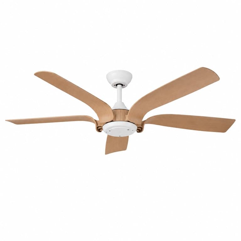 Ventilator de tavan CJOY cu iluminare LED 142 cm, design lemn alb — defect, pentru piese: motorul nu funcționează (stare: vezi a 2-a fotografie)