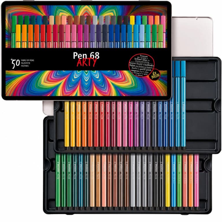 Set carioci STABILO Pen 68 în cutie metalică, 50 buc. culori asortate (ARTY) – lipsesc 2 buc. – lipsesc 2 carioci (stare: vezi a 2-a poză)