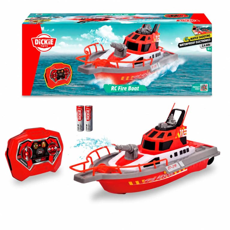 Navă de pompieri cu telecomandă Dickie Toys 201107000 cu funcție de pulverizare a apei, 3 canale, 27 MHz – lipsește cablul de încărcare (stare: vezi a doua imagine)