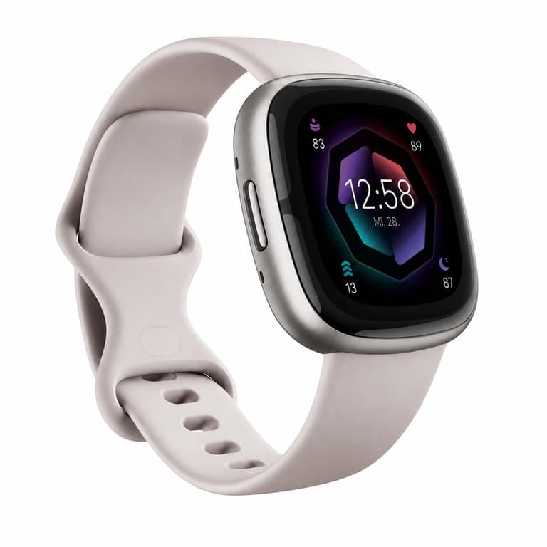 Ceas inteligent Fitbit Sense 2 cu curea albă, carcasă din aluminiu platinat, GPS integrat — Produsul nu include încărcător original (stare: vezi imaginea a 2-a)