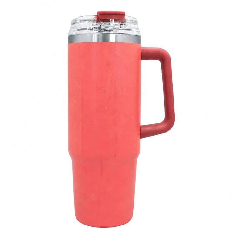 Cană Termos Nerthus FIH 1438, 900 ml, Culoare Roșu Coral, cu Capac și Pai, pentru Călătorii și Mașină — Cu pete de apă (stare: vezi a 2-a imagine)
