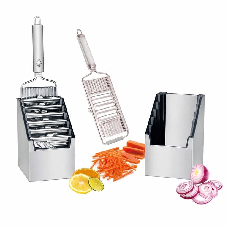 Mandolină feliator 4 în 1 Gigant Professional Multi Slicer cu cutie de depozitare Multi-Box și 5 accesorii — Nou, fără protecție (stare: vezi poza a 2-a)