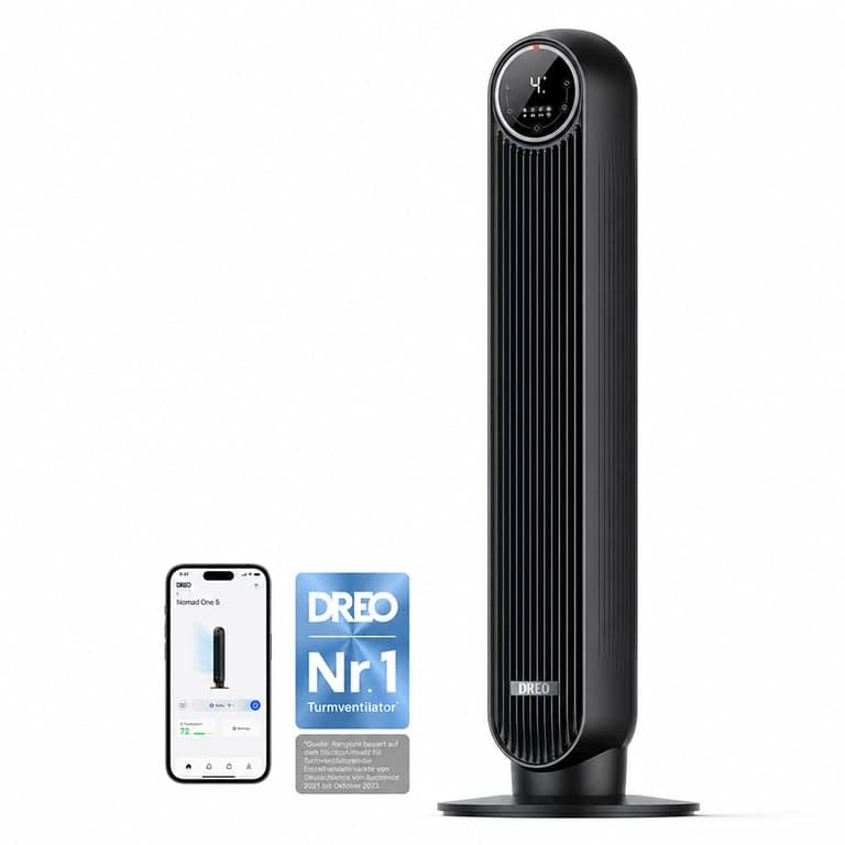 Ventilator turn inteligent DREO Nomad One S negru, control prin aplicație și vocal, oscilație de 90 de grade — telecomandă lipsă (stare: vezi a 2-a imagine)