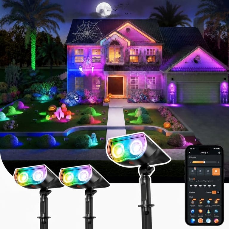 Spotlight solar inteligent RGB de grădină Linkind SL5C, set de 3 bucăți, controlat prin aplicație, 16 milioane de culori, rezistent la apă IP65, pentru alei și căi de acces exterioare