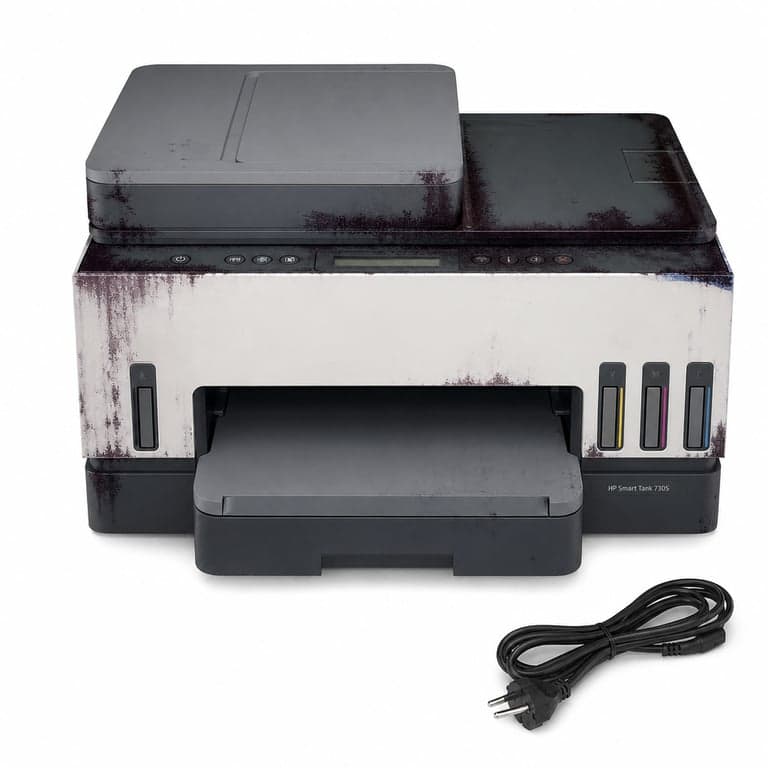 Imprimantă multifuncțională cu jet de cerneală HP Smart Tank 7305 — defectă, funcționează parțial: scurgeri de cerneală în interiorul aparatului (stare: vezi imaginea nr. 2)