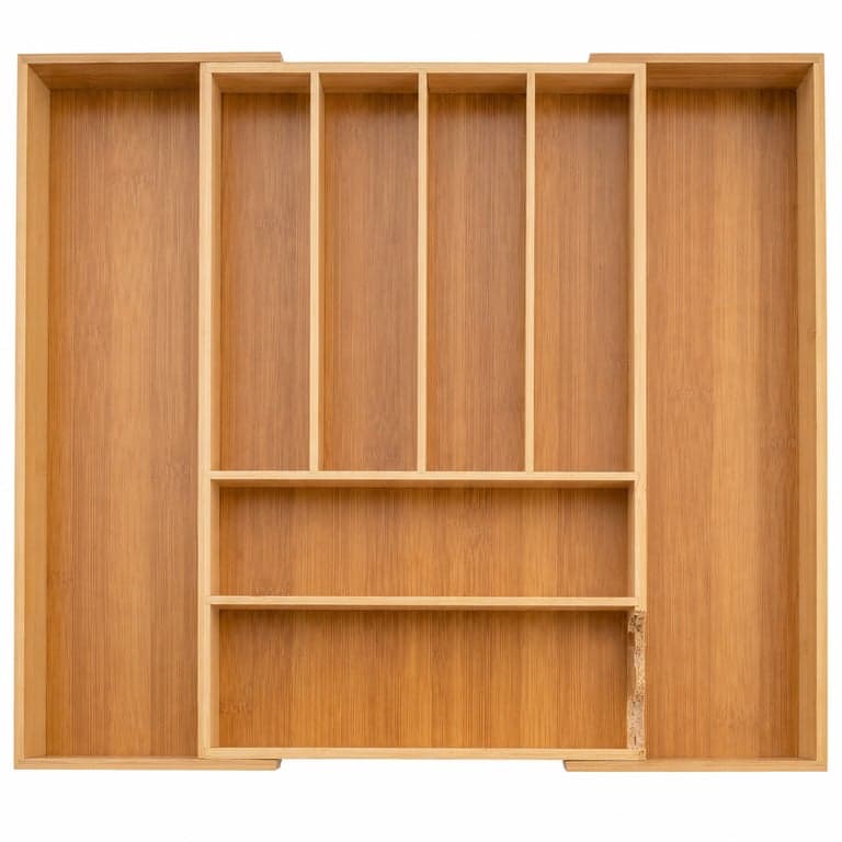 Organizator de tacâmuri extensibil din bambus Alpina, 46x34-56,5x6 cm, 6-8 compartimente — Fără defecte pe partea extensibilă (stare: vezi a 2-a imagine)