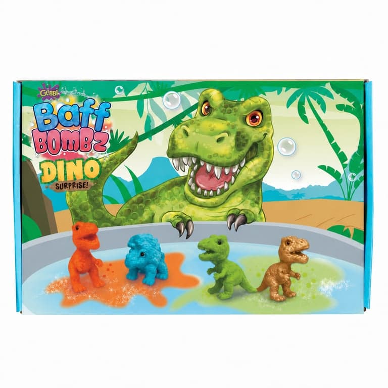 Set de bombe de baie surpriză Simba Baff Bombz Dino, 4 figurine dinozaur, 3 culori diferite, 100 g, de la 3 ani