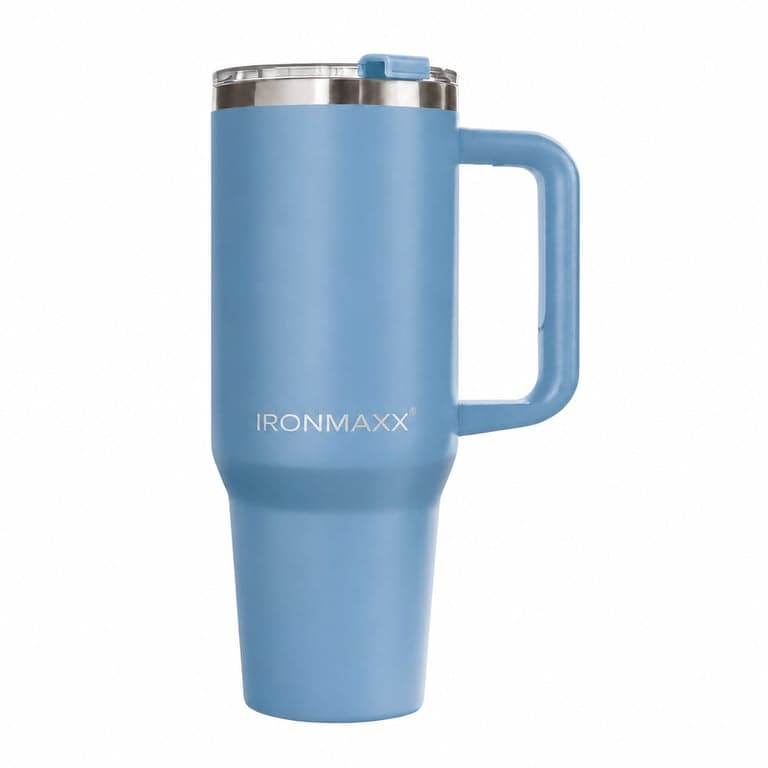 Cană IronMaxx cu mâner - Ice Blue, 1,2 L, cu pai, oțel inoxidabil, perete dublu — paiul nu este inclus (stare: vezi a 2-a imagine)