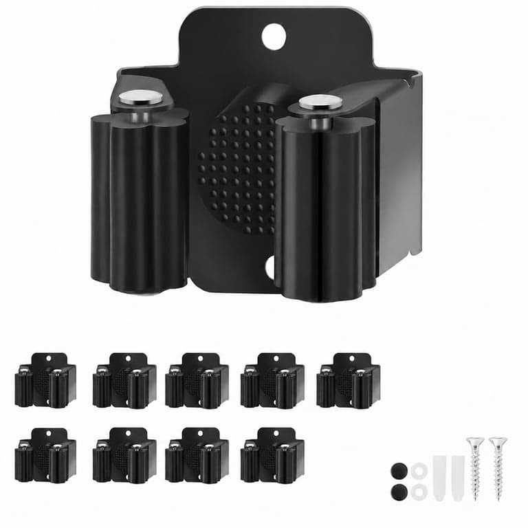 Set 14 Suporturi pentru Mătură Yiows cu Montare pe Perete, Oțel Inoxidabil, Cârlig de Perete pentru Mătură și Făraș, cu Șuruburi, Negru