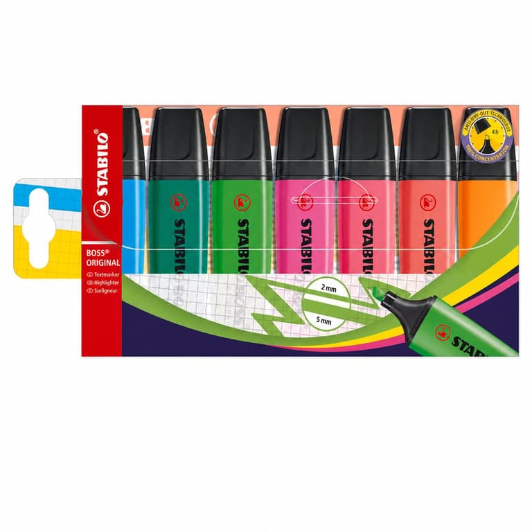 Set 7 markere STABILO BOSS ORIGINAL, culori asortate (fără galben lămâie) — galbenul lămâie lipsește (stare: vezi a doua fotografie)