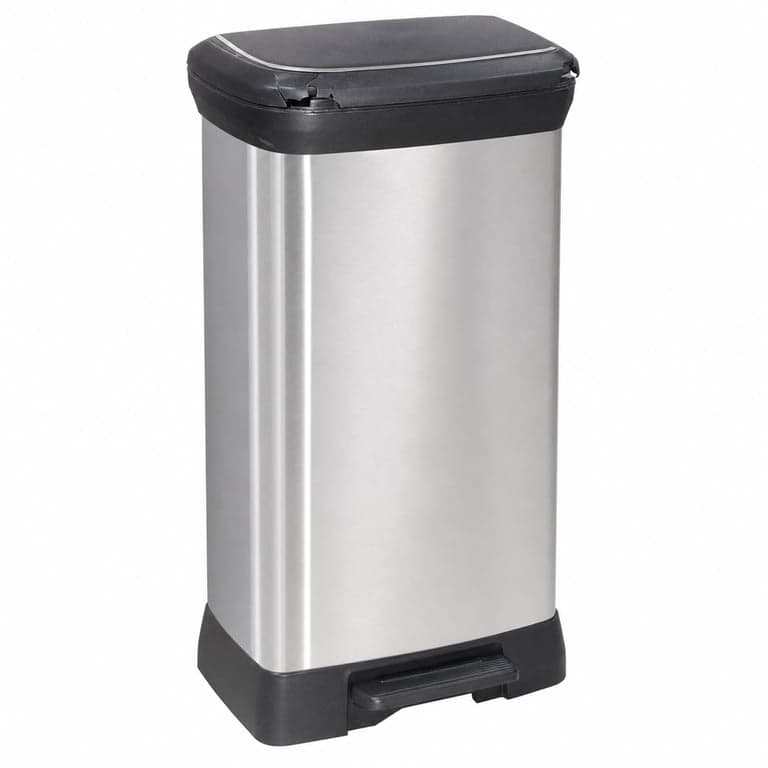Coș de gunoi cu pedală Curver Deco Bin, 50 litri, aspect metalic gri, închidere silențioasă, 39x29x72 cm, pentru bucătărie — utilizat (stare: vezi a 2-a poză)