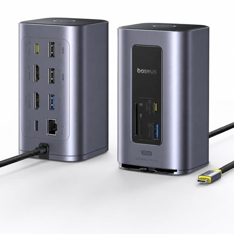 Stație de andocare Baseus Nomos Air USB-C 12 în 1 pentru Windows — defectă, funcționează parțial: șuruburile de fixare inferioare sunt rupte (stare: vezi a 2-a imagine)