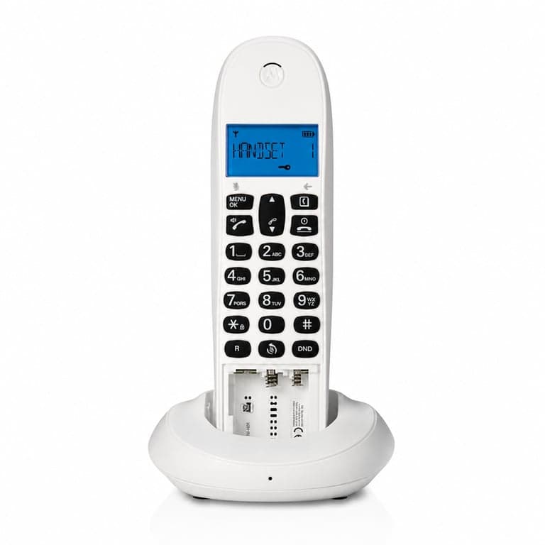 Telefon fără fir DECT Motorola C1001CBW+ Alb, blocare apeluri — Telefonului îi lipsește capacul din spate (stare: vezi poza a 2-a)