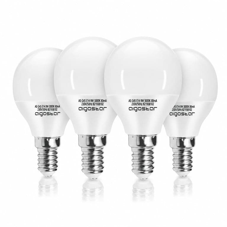 Bec LED Aigostar E14 G45 9W 3000K Alb Cald 840 Lumeni CRI80 Nereglabil Lampă sferică economică, 4 buc.