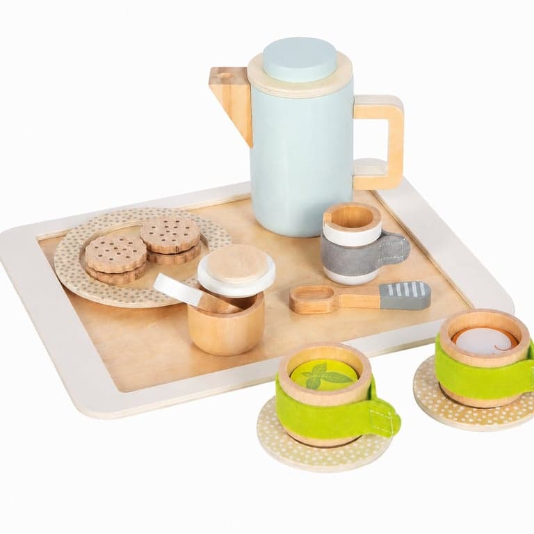 small foot 12484 Set de ceai și cafea din lemn pentru copii – Set incomplet (lipsesc prăjiturile, farfuria pentru prăjituri și mânerele ceștilor), Natural — set de 14 piese