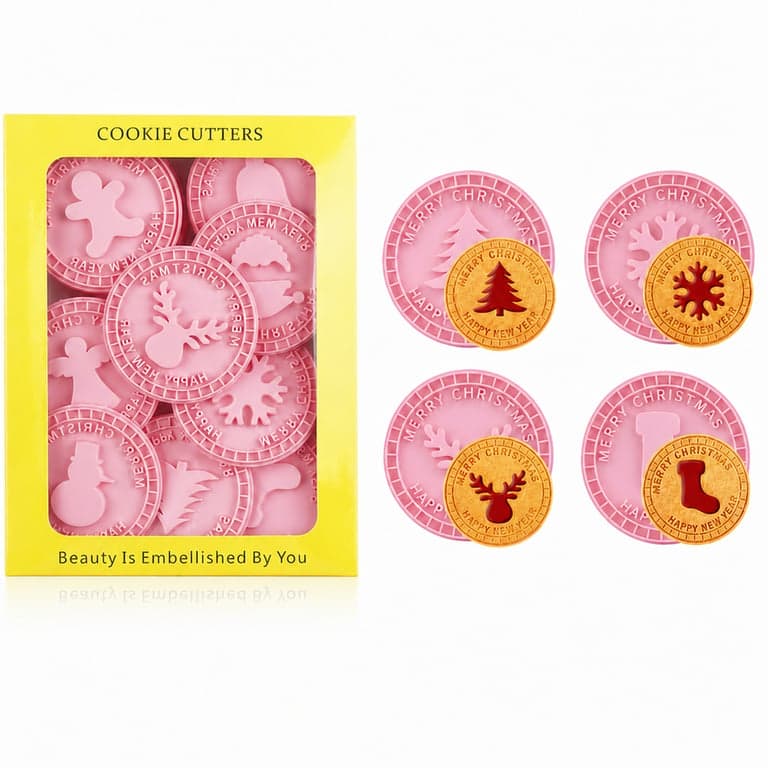 Set de 4 forme pentru biscuiți de Crăciun Sunshine Smile, ștanțe 3D pentru fursecuri și fondant pentru copii, Moș Crăciun, om de zăpadă, ren