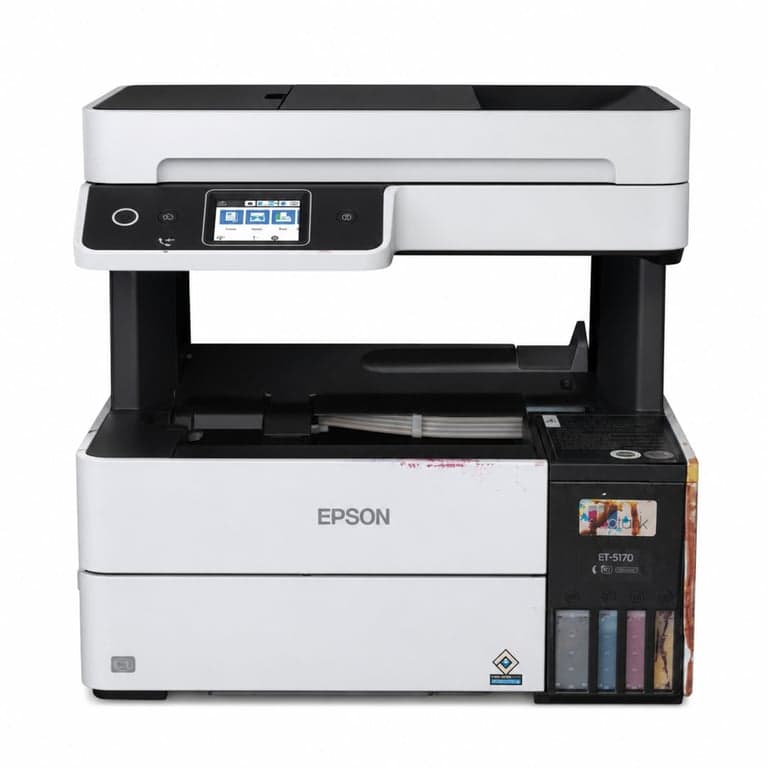 Imprimantă multifuncțională cu jet de cerneală Epson EcoTank ET-5170 – DEFECTĂ — defectă, funcționează parțial: Cerneala s-a scurs (stare: vezi a 2-a imagine)