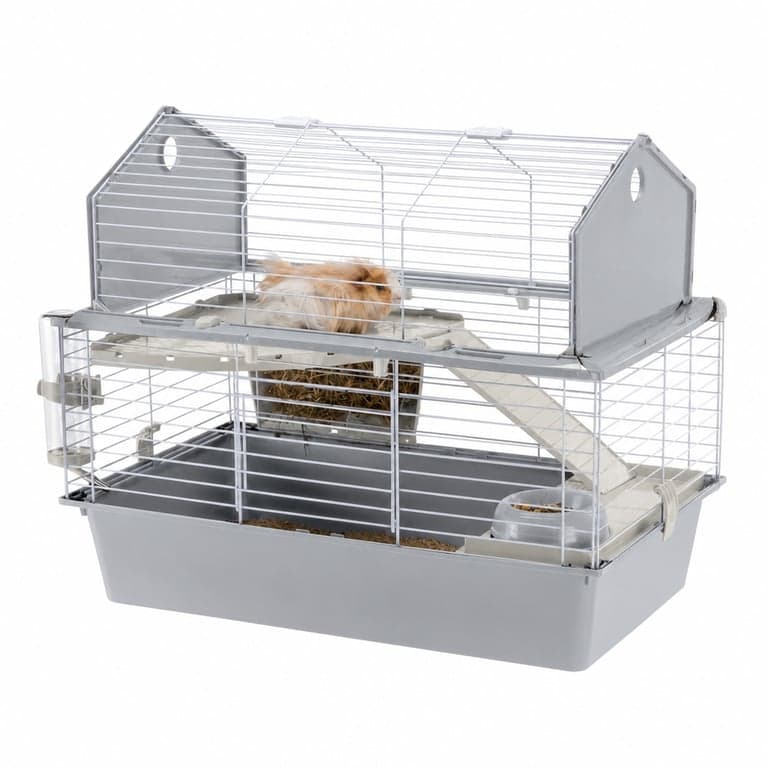 Cușcă pentru iepuri Ferplast BARN 80 pentru animale mici, 2 niveluri, cu acoperiș care se deschide — defectă, funcționează parțial: colțuri rupte (stare: vezi a 2-a imagine)