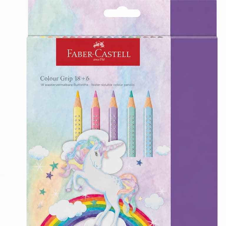 Set creioane colorate Faber-Castell Colour Grip ediție specială Unicorn — 5 bucăți (set parțial, din setul original), solubile în apă, creioane pastel cu sclipici, cu abțibilduri
