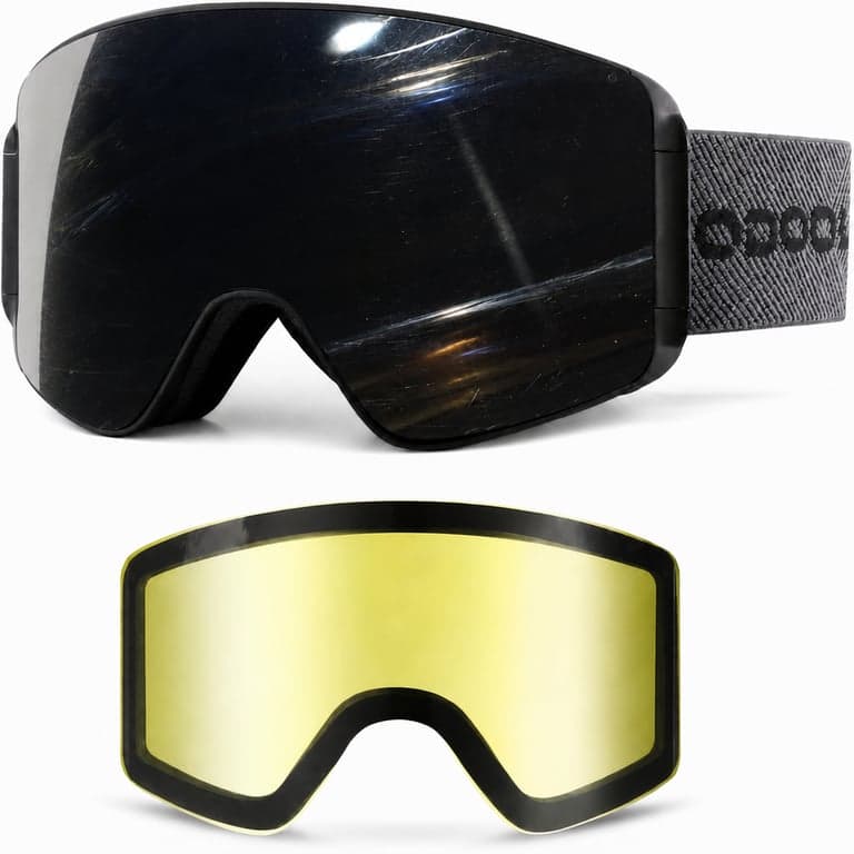 Ochelari de schi și snowboard Odoland cu lentile magnetice interschimbabile, protecție UV, anti-aburire, argintiu — zgâriați (stare: vezi a 2-a imagine)