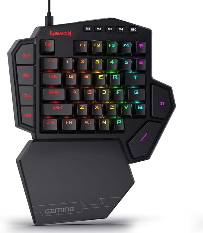 Tastatură mecanică de gaming cu o singură mână Redragon K585 DITI, RGB, switch-uri roșii, 42 de taste, 7 taste macro, suport detașabil pentru încheietură
