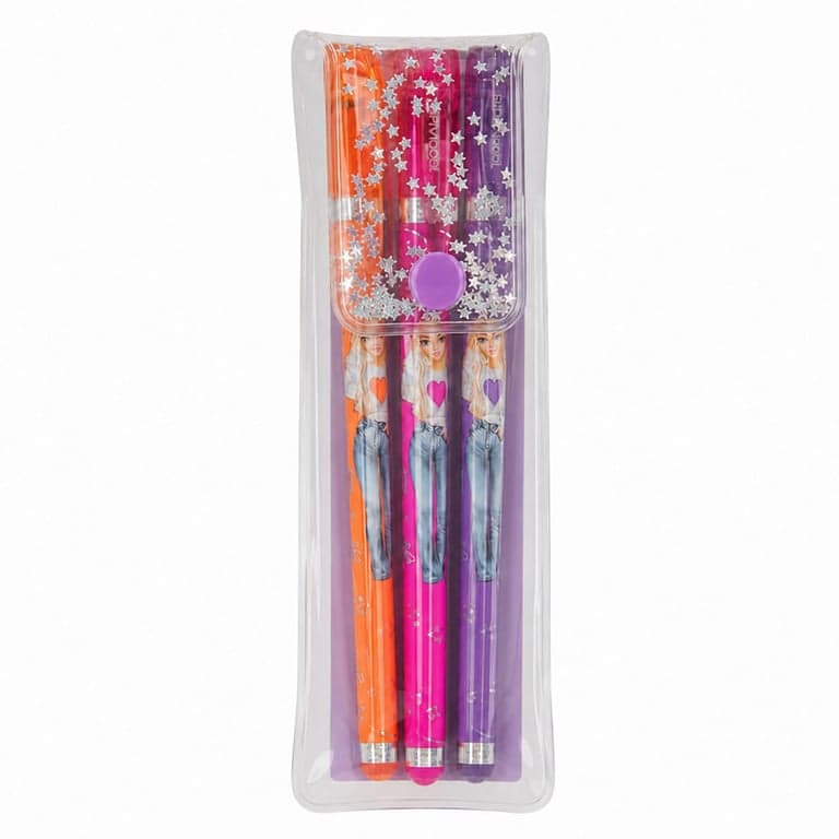 Set de pixuri cu gel cu sclipici Depesche TOPModel în etui transparent, pixuri colorate pentru scris și decorat (set incomplet) — set de 3 bucăți