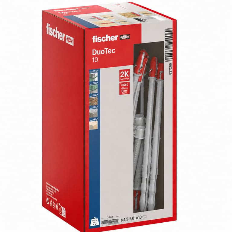 Set dibluri basculante fischer DuoTec 10 S PH pentru gips-carton – 9 bucăți – Diblu bicomponent pentru cavități, plăci de fibră de gips și panouri de lemn – Set parțial