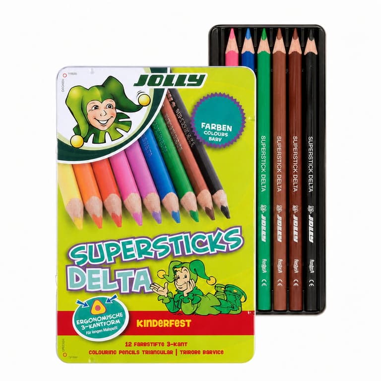 Set creioane colorate triunghiulare JOLLY Supersticks Delta – rezistente la rupere, sigure pentru copii, non-toxice – 7 bucăți în cutie metalică