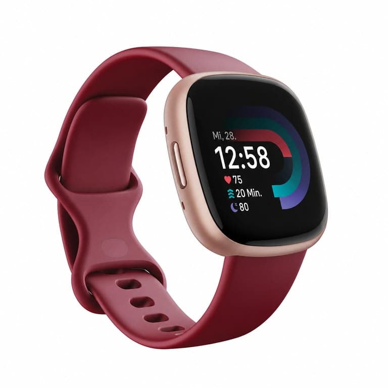 Smartwatch Fitbit Versa 4 cu GPS integrat, curea din silicon culoarea zmeurii / carcasă din aluminiu roz-cupru, tracker de fitness, autonomie baterie 6 zile