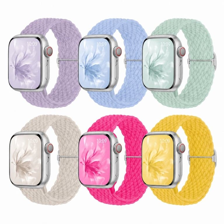 Curea elastică împletită Raradev pentru Apple Watch 38/40/41/42/44/45/46mm, compatibilă cu Series 1-11 și SE, disponibilă în 8 culori, set de 6 bucăți