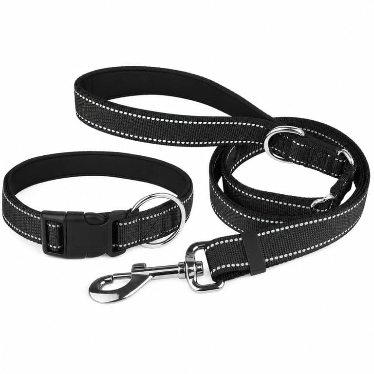 Set Zgardă și Lesă Căptușite pentru Câini PcEoTllar, Material Reflectorizant, Neopren și Nylon, Negru — Aceasta nu este mărimea L, ci XL (stare: vezi a 2-a imagine)