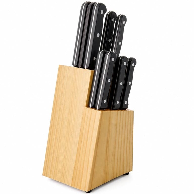 Set de cuțite Amazon Basics din 14 piese cu suport din lemn, mâner negru - set de cuțite de bucătărie — Fără foarfecă de bucătărie (stare: vezi a 2-a imagine)