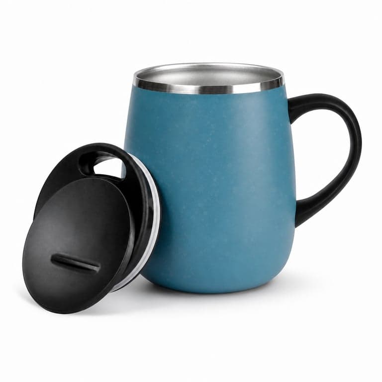 Cană de cafea izolată GrandTies Atlantis Blue cu mâner și capac glisant, 16 oz, cu pereți dubli — testată (stare: vezi a 2-a imagine)