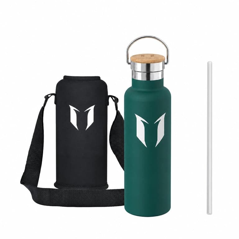 Termos pentru copii Super Sparrow cu husă din neopren și curea de umăr reglabilă, 500 ml, negru, oțel inoxidabil, cu pai