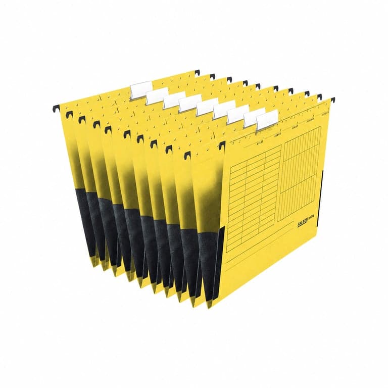 Dosare suspendabile Falken din materiale reciclate A4 cu cleme metalice, galbene, pentru organizarea documentelor la birou — set de 20 bucăți