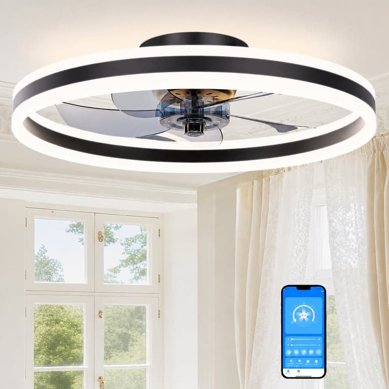 Ventilator de tavan SUNKENET cu lampă, 60 cm, negru, silențios pentru dormitor — telecomanda nu este inclusă (stare: vezi poza a 2-a)
