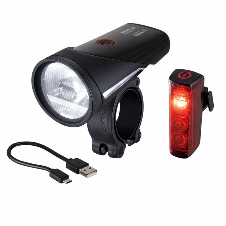Set lumini bicicletă Sigma Aura 100 și Blaze Link — defect, funcționează parțial: lumina față nu se aprinde, cea spate funcționează parțial (stare: vezi a 2-a poză)
