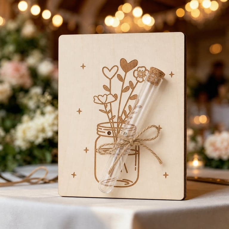 Felicitare de nuntă Happirra din lemn cu decor din flori uscate - Felicitare pentru darul în bani — fără eprubetă pentru bani (stare: vezi a 2-a imagine)