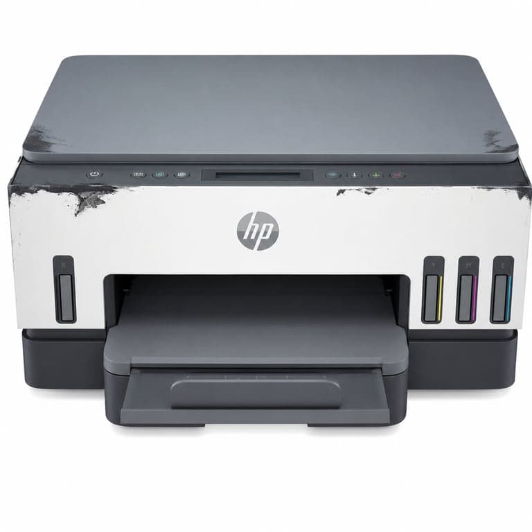 Imprimantă multifuncțională cu jet de cerneală HP Smart Tank 7005 — defectă, funcționează parțial: rezervor negru deteriorat (stare: vezi a 2-a imagine)