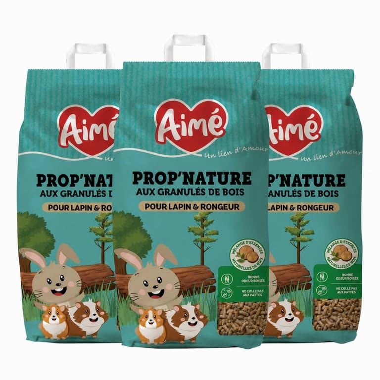 Așternut din granule de lemn Aimé Prop'Nature pentru iepuri și rozătoare 10 L – granule naturale din lemn, miros plăcut de lemn, nu se lipește de lăbuțe — set de 3 bucăți