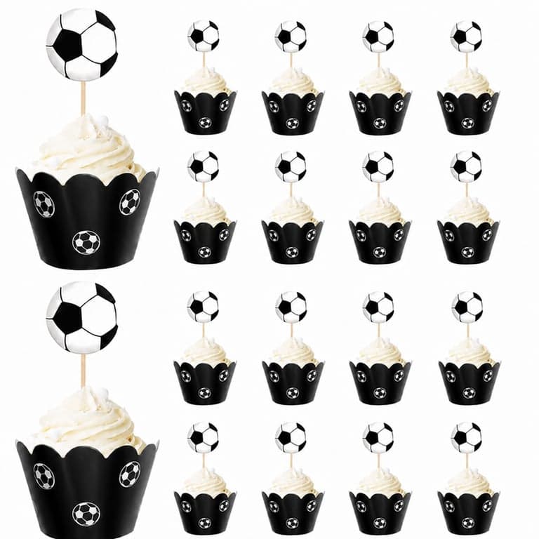 Set 24 Decorațiuni pentru brioșe ZHIQIN cu tematică fotbal – Toppere și învelișuri pentru cupcakes, ideale pentru petreceri aniversare și decorarea torturilor, model minge de fotbal alb-negru